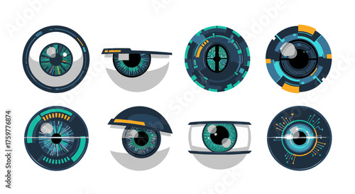 A collection of eight futuristic bionic eyes, featuring various robotic and cybernetic designs with digital interfaces.