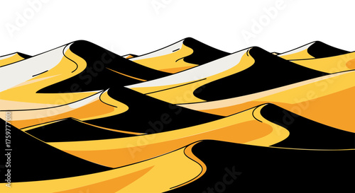 A minimalist graphic illustration of rolling golden sand dunes with stark black shadows under a white sky.