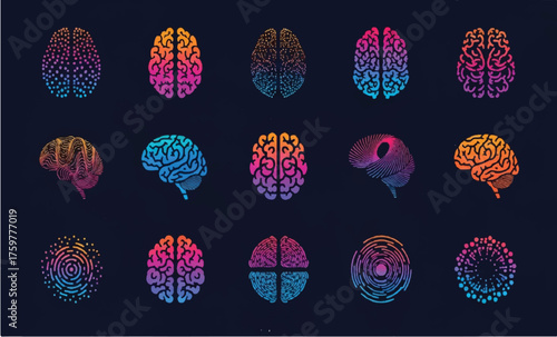 Set of abstract lines brain and dots tech logo. Logo for science, learning, research,technology