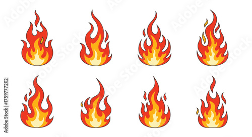 A set of eight stylized cartoon fire flame icons, showing different shapes and movements of a single blaze.