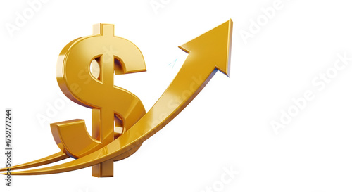3d icon of golden dollar sign with an upward trending arrow isolated on transparent background, indicating financial growth