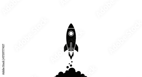 A simple black silhouette of a rocket launching upwards against a plain white background.
