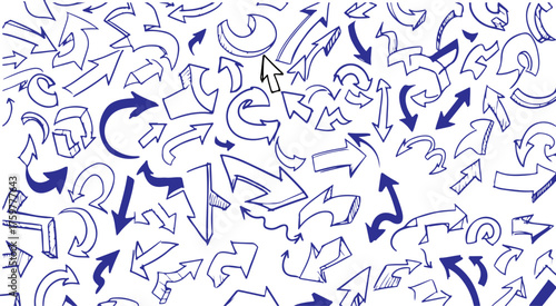 A chaotic and energetic collection of hand drawn blue arrows and abstract shapes on a white background