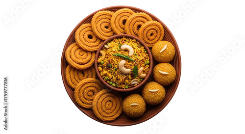 Traditional indian diwali snacks and sweets arranged in a circular pattern on a dark background