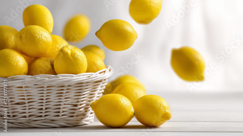 Bright yellow lemons falling into a clean white basket on light background, refreshing vector artwork symbolizing freshness, organic food, and healthy citrus lifestyle.