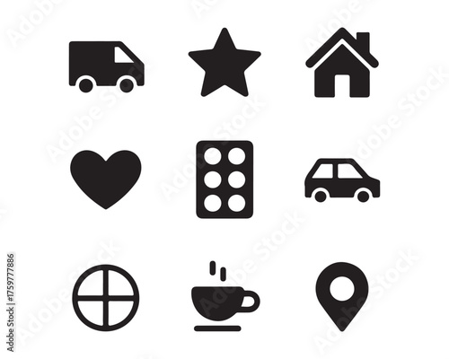 Simple black icons depicting delivery love location and other concepts
