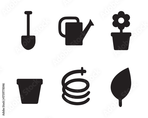 Simple black icons representing gardening tools plants and garden elements