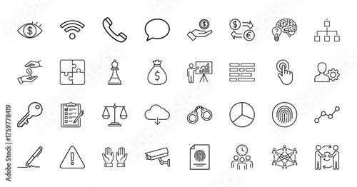 Business and technology line icon set. Vector pictograms of dollar eye, Wi-Fi, phone, money bag, presentation, checklist, fingerprint, network, and partnership, thin linear illustration.