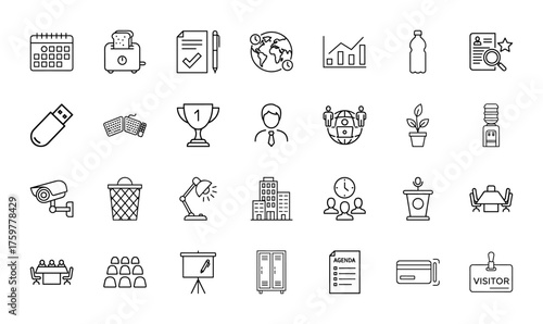 Business and office productivity line icon set. Vector pictograms of essential items, tools, and activities for daily work, thin linear illustration.