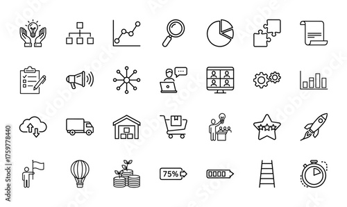 Business strategy line icon set. Vector pictograms of idea, data charts, online meetings, logistics, finance, and growth concepts, thin linear illustration.