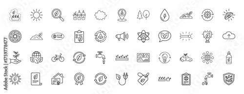 Environmental line icon set. Vector pictograms of nature, recycling, energy, plants, trees, water, globe, and sustainability concepts, thin linear illustration.