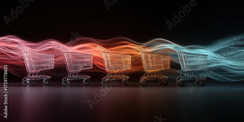 Colorful shopping carts in row with vibrant light trails on dark background, symbolizing modern retail and dynamic shopping experience