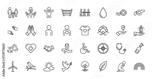Humanitarian and social line icon set. Vector pictograms of family, plant, water, helping hands, heart, ribbon, wheelchair, stethoscope, wind turbine, tree, thin linear illustration.