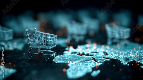 Futuristic shopping cart on digital world map, glowing data points illustrate global consumer spending trends and AI driven economy