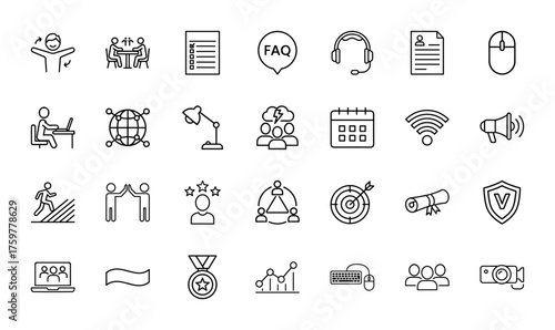 Business management line icon set. Vector pictograms of meetings, documents, headsets, laptops, networks, calendars, megaphones, targets, diplomas, medals, graphs, thin linear illustration.
