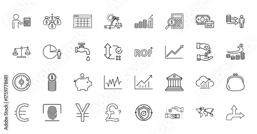 Finance and business line icon set. Vector pictograms of calculator, money bags, charts, coins, piggy bank, bank, currency, and security, thin linear illustration.