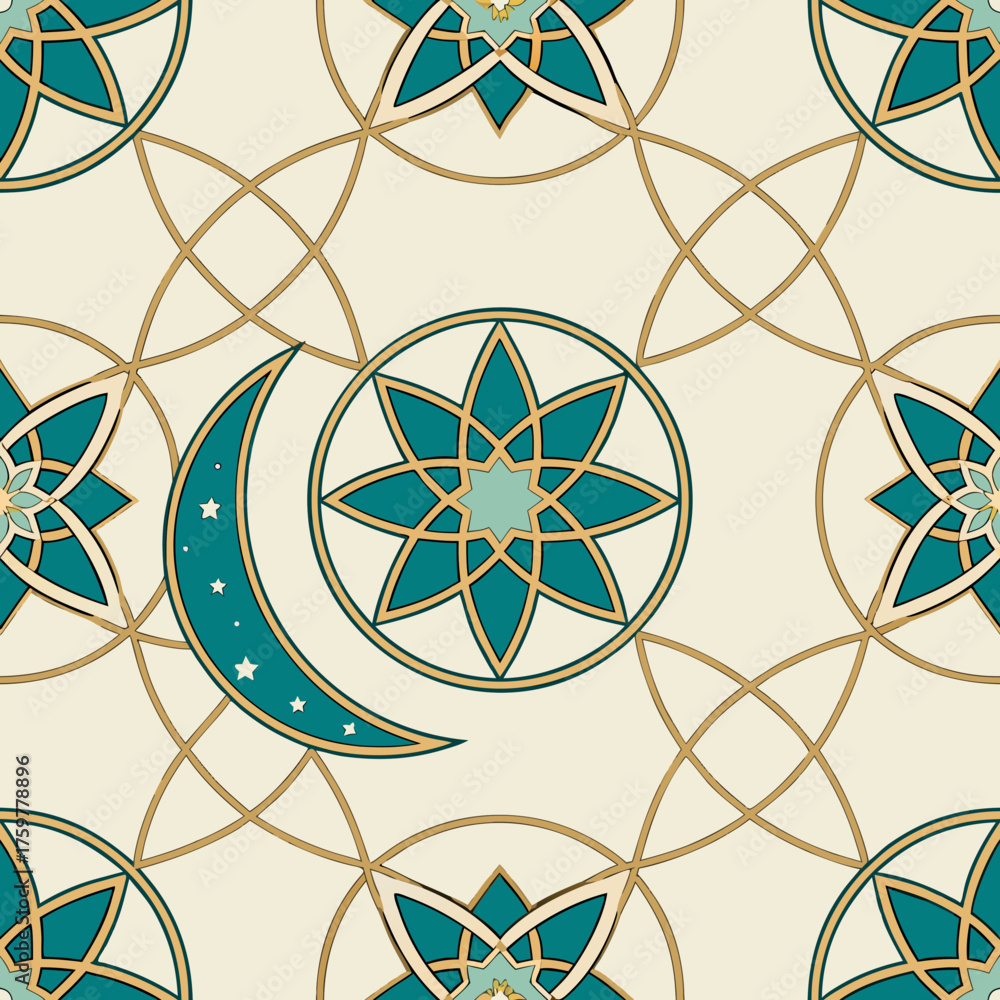 Fototapeta premium Seamless Geometric Islamic Pattern with Stars and Crescent Moon