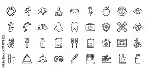 Healthcare and wellness line icon set. Vector pictograms of brain, runner, yoga, apple, ear, tooth, first aid kit, crutches, wheelchair, test tubes, pharmacy, thin linear illustration.