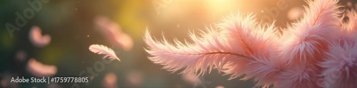 Soft, delicate feathers drift gently downwards, creating an ethereal, peaceful scene Sunlight illuminates the floating plumes against a blurred background , motion blur, abstract, meadow