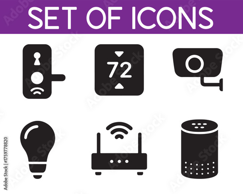 Smart home device icons featuring lights thermostats and security systems