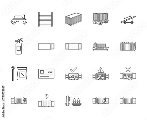Supply chain logistics line icon set. Vector pictograms of shipping containers, cargo ship, storage shelves, robot vehicle, fire extinguisher, thin linear illustration.