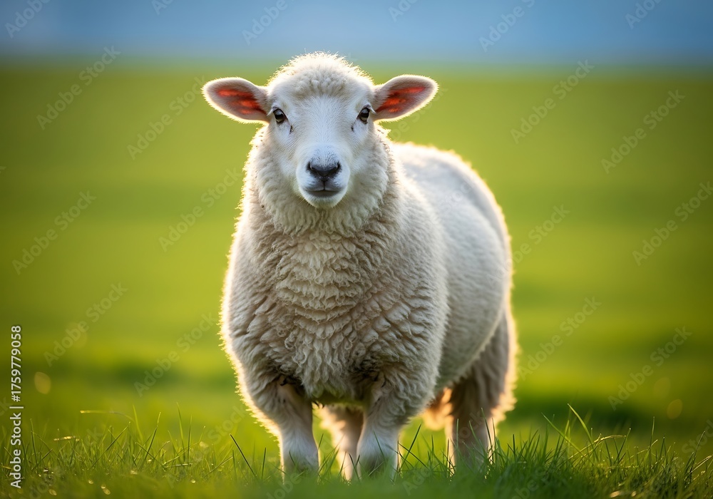 Obraz premium A fluffy white sheep stands in a vibrant green field under soft natural light, looking directly at the viewer.