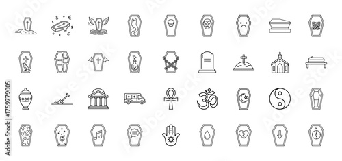 Funeral line icon set. Vector pictograms of coffin, gravestone, skull, church, urn, ankh, om, yinyang, shovel, hearse, ghost, vampire, thin linear illustration.