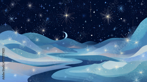 Dreamy starry winter landscape with crescent moon and glowing celestial hills, elegant abstract vector background for festive, seasonal, and Christmas design presentations.