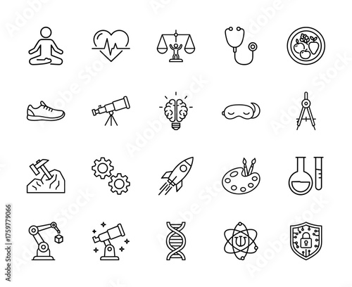 Diverse concepts line icon set. Vector pictograms of yoga, heartbeat, scales, stethoscope, brain, rocket, robotic arm, DNA, atom, security shield, thin linear illustration.