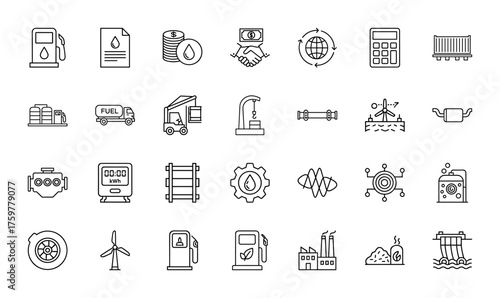 Energy industry line icon set. Vector pictograms of gas pump, fuel truck, wind turbine, factory, pipeline, hydroelectric dam, engine, and oil, thin linear illustration.