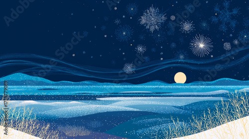 Flow of luminous snowflakes drifting across calm moonlit winter landscape, elegant frosty vector background perfect for Christmas, seasonal design, and holiday presentations.