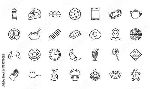 Food and cooking line icon set. Vector pictograms of cheese, eggs, steak, pizza, croissant, donut, sushi, pie, and muffin, thin linear illustration.
