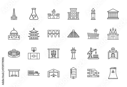 Architecture and industry line icon set. Vector pictograms of church, castle, building, mosque, pyramid, airport, stadium, crane, metro, and nuclear plant, thin linear illustration.