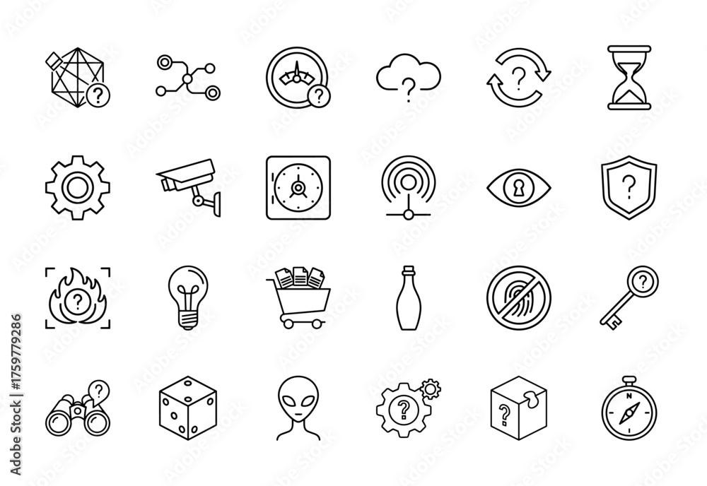 Fototapeta premium Mystery and solution line icon set. Vector pictograms of question marks, gear, cloud, security camera, safe, lightbulb, hourglass, key, compass, thin linear illustration.