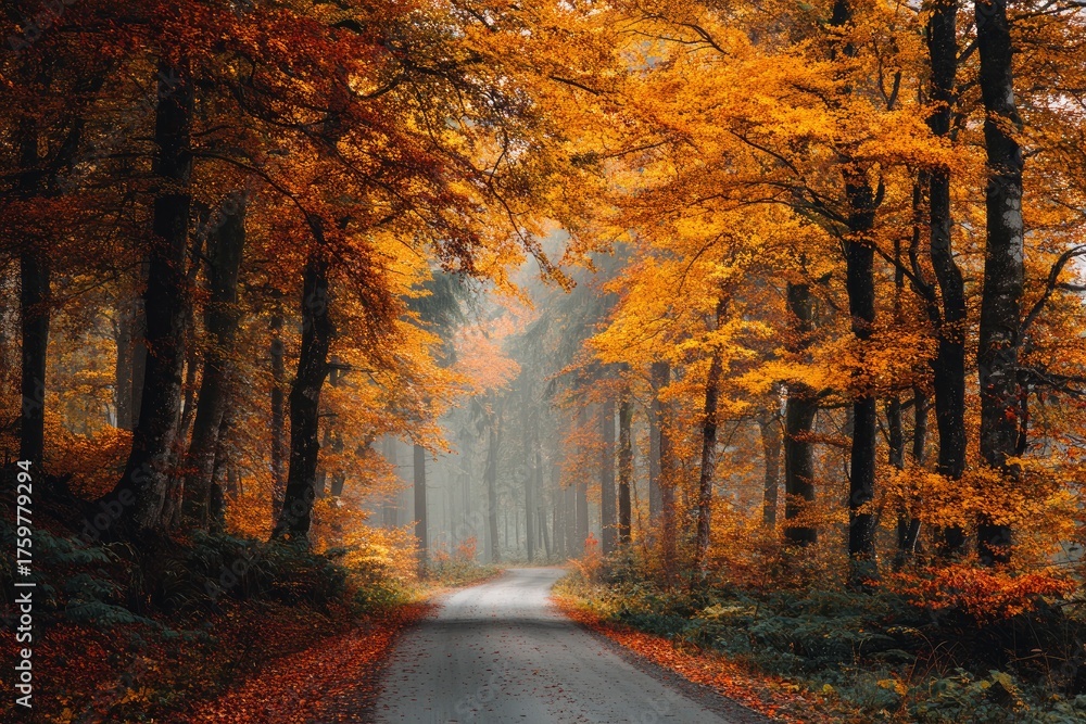 Fototapeta premium This evocative image captures a scenic forest road meandering through a stunning autumn landscape. Towering trees display a magnificent canopy of vibrant orange and golden foliage, casting warm hues a