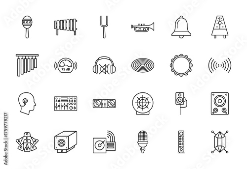 Music and sound icon set. Vector pictograms of maraca, xylophone, trumpet, metronome, headphones, mixer, speakers, microphone, thin linear illustration.