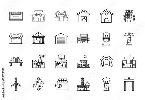 City and urban buildings line icon set. Vector pictograms of hotels, shops, houses, factories, lighthouses, bridges, water towers, and wind turbines, thin linear illustration.