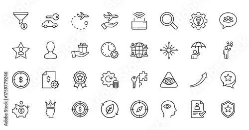 Business and marketing line icon set. Vector pictograms of funnel, car, airplane, router, lightbulb, teamwork, gift, clock, savings, strategy, nature, navigation, thin linear illustration.
