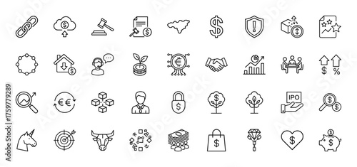 Business and finance line icon set. Vector pictograms of chain, cloud, gavel, chart, handshake, target, unicorn, bull, document, euro, padlock, thin linear illustration.