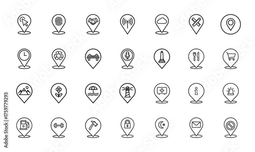 Location line icon set. Vector pictograms of pointers, fingerprint, handshake, Wi-Fi, cloud, clock, recycle, mountains, medical, security, and warning, thin linear illustration.