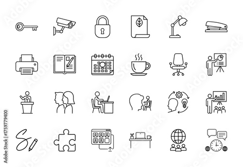 Business and office line icon set. Vector pictograms of security, documents, calendar, communication, teamwork, and office equipment, thin linear illustration.