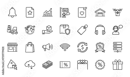 E-commerce and shopping line icon set. Vector pictograms of bell, analytics, sale, drone delivery, global, support, store, money, discount, and gift, thin linear illustration.