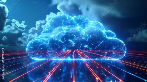 A glowing blue cloud formation hovers above converging red lines, set against a dramatic sky.