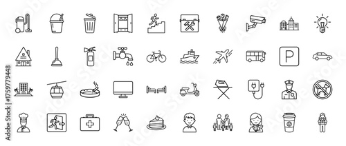 General lifestyle line icon set. Vector pictograms of house, vacuum, bicycle, airplane, car, hotel, chef, police, family, and coffee, thin linear illustration.