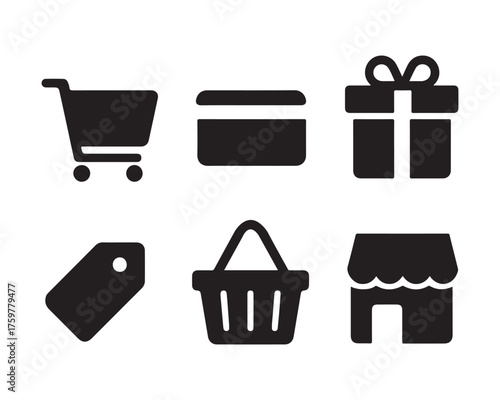 Shopping icons depicting carts payments gifts and retail store elements