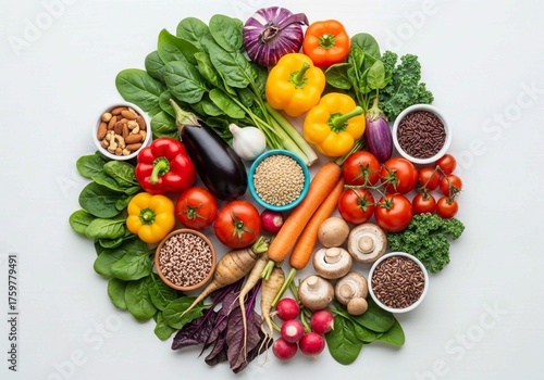 Top-down photograph of assorted organic unprocessed foods arranged in a circular pattern, showcasing textures, colors, and shapes in vibrant natural lighting
