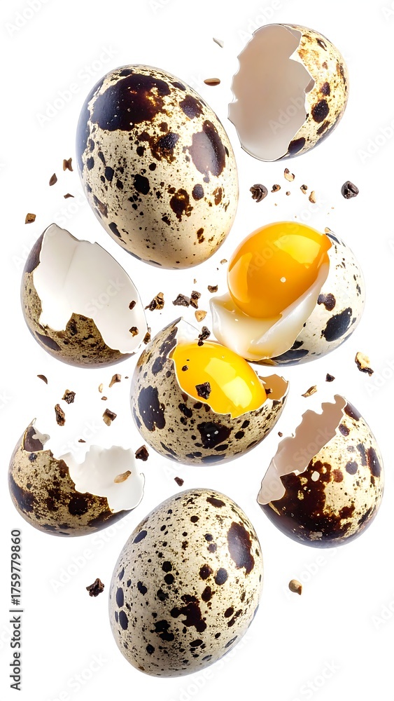 Obraz premium Close-up studio shot of speckled quail eggs, some cracked, with bright yellow yolk