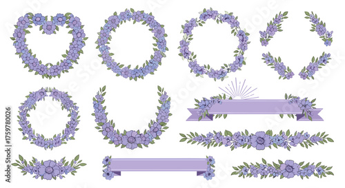 Collection of delicate floral wreaths and decorative elements in soft purple hues.