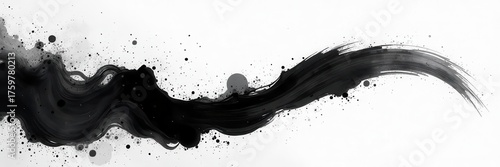 Abstract black ink brush strokes and splatter on white background horizontal orientation