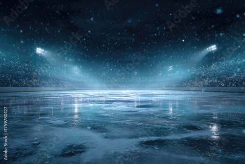 A cold, nighttime view of a hockey arena. The icy surface reflects the lights. Snow falls softly